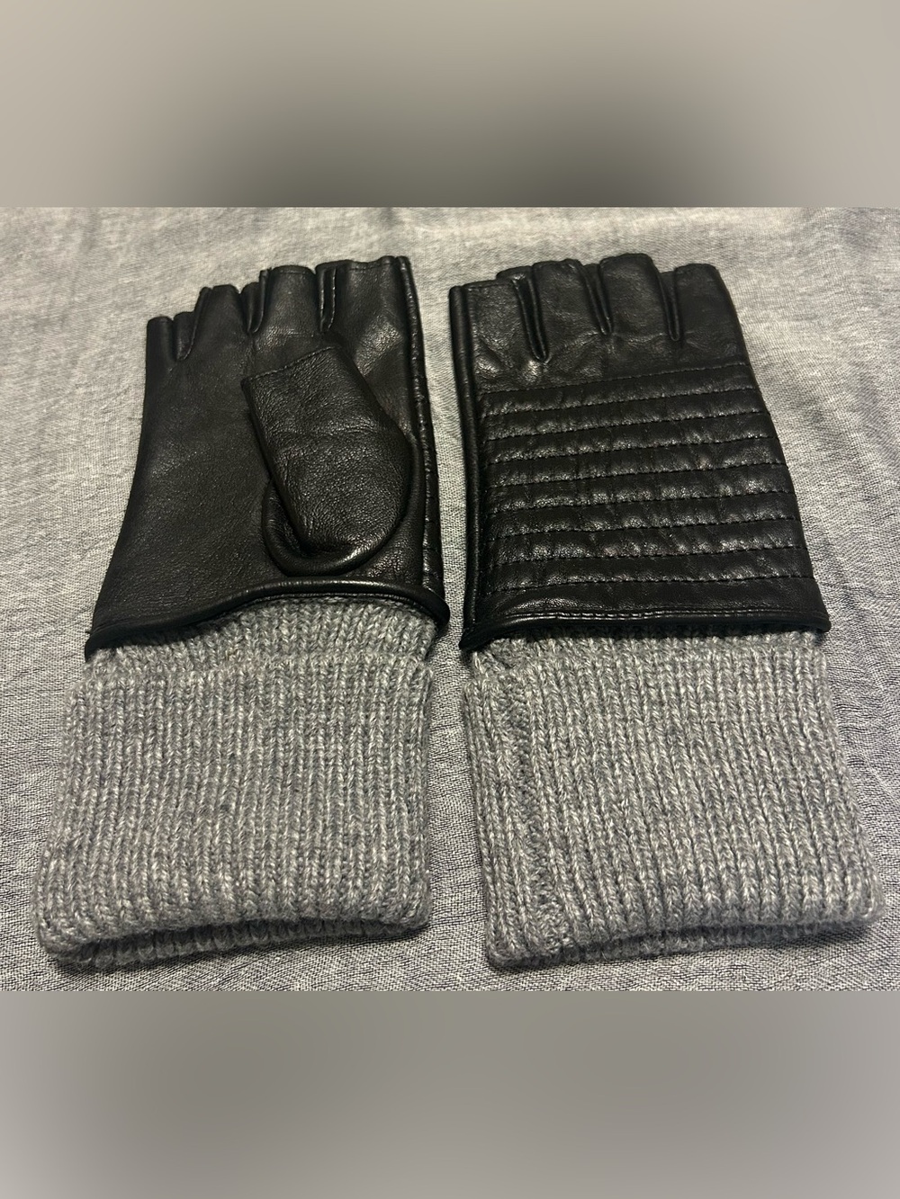 Lauren Ralph Lauren Black Leather Fingerless Gloves with Gray Knit Cuffs Size L
